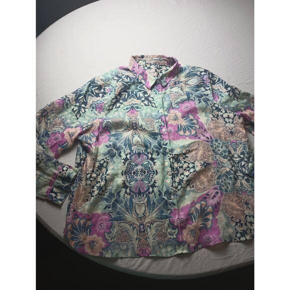 Chico's 100% Linen Roll Tab Blouse Button up No Iron Floral Paisley 4 (20/22) - Picture 1 of 4